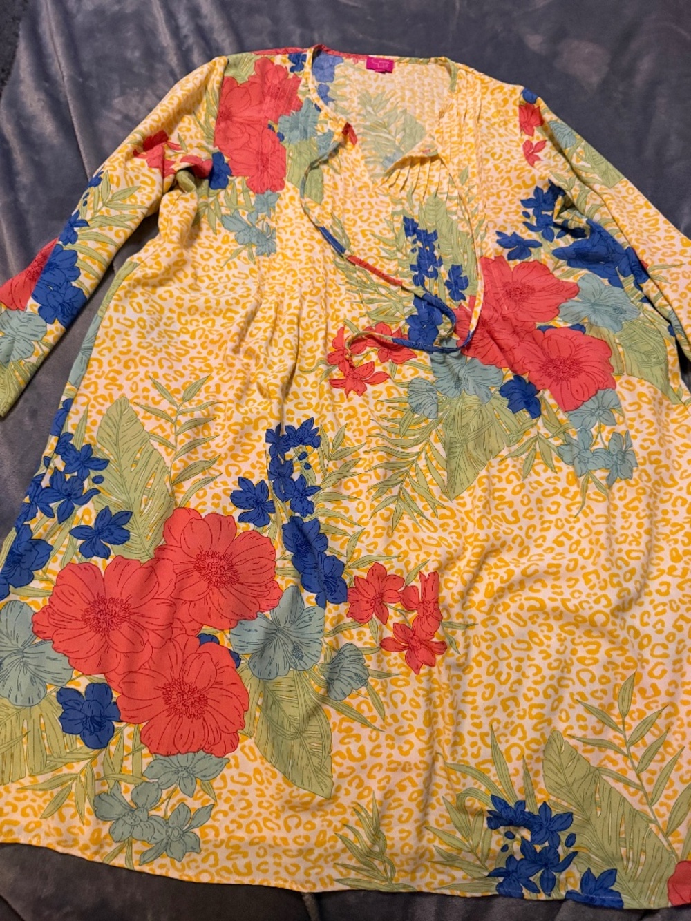 Caroline Hill Large Tropical Floral Leopard Print Long Sleeve Dress